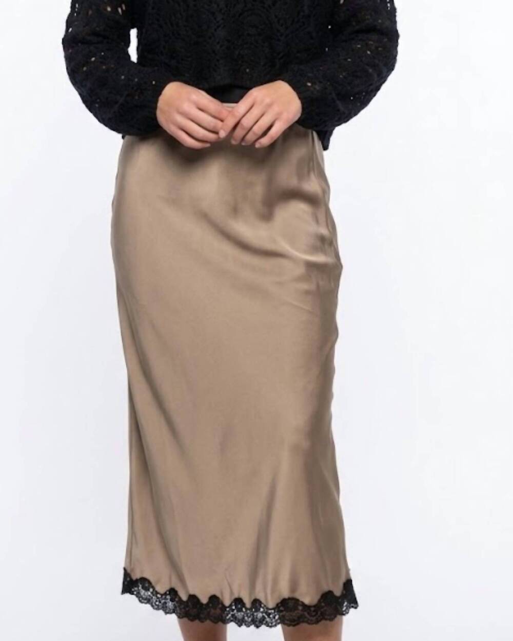 NEW EE:SOME coco satin & lace midi skirt in beige